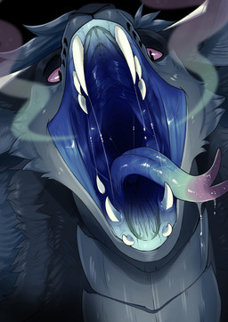 ambiguous_gender blue_tongue bodily_fluids dripping feral forked_tongue front_view fur grey_body grey_fur long_neck looking_at_viewer mouth_shot narrowed_eyes open_mouth pupils purple_eyes purple_tongue saliva saliva_drip saliva_string sharp_teeth slit_pupils solo teeth tongue swampjaws fallout microsoft dion_(myriad) night_stalker_(fallout) absurd_res hi_res