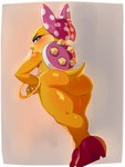 2024 3:4 absurd_res anthro big_butt blue_eyes blush bodily_fluids border bracelet butt claws clothing eyelashes female footwear gold_(metal) gold_bracelet gold_jewelry grey_background half-closed_eyes hi_res high_heels jewelry koopa koopaling looking_at_viewer looking_back looking_back_at_viewer low-angle_view mario_bros narrowed_eyes nintendo nude pink_bow red_clothing red_footwear red_high_heels scales scalie shell short_tail simple_background solo spiked_shell spikes spikes_(anatomy) standing sweat tail wendy_o._koopa white_border wrist_on_hip yellow_body yellow_scales zexlynk