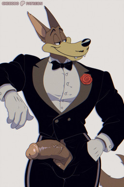 anthro balls big_penis black_bottomwear black_bow_tie black_clothing black_jacket black_nose black_pants black_topwear bottomwear bow_tie brown_balls brown_body brown_fur brown_penis clothed clothing cute_fangs erection facial_hair fangs front_view fur genitals glans gloves grey_body grey_fur hand_in_pocket handwear humanoid_genitalia humanoid_penis jacket looking_away male muscular muscular_anthro muscular_male mustache on_model open_clothing open_jacket open_topwear pants penis penis_poking_out penis_through_fly pockets shirt simple_background smile solo suit_jacket teeth thick_penis topwear vein veiny_penis white_background white_clothing white_gloves white_handwear white_shirt white_topwear yellow_body yellow_fur chicobo tex_avery slick_mcwolf wolf_(tex_avery) canid canine canis mammal wolf 2025 2:3 hi_res