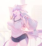 2018 4_fingers absurd_res anthro aquatic_dragon areola_outline aruri big_breasts bottomwear breasts camel_toe clothed clothing detailed_background digital_media_(artwork) dolphin_shorts dragon ear_fins female fin fingers hair hand_behind_head hi_res kemono light lighting long_hair long_tail looking_at_viewer marine multicolored_body multicolored_scales mythological_creature mythological_scalie mythology non-mammal_breasts open_mouth open_smile purple_body purple_eyes purple_scales scales scalie shaded shorts smile solo standing tail two_tone_body two_tone_scales white_body white_scales whooo-ya