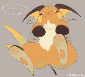 :3 ambiguous_gender anthro blush brown_eyes chest_tuft duo featureless_crotch feet foot_focus front_view fur grey_background holding_another kemono looking_at_viewer male narrowed_eyes orange_body orange_fur pawpads paws simple_background smug_expression solo_focus tail tuft batten12 nintendo pokemon generation_1_pokemon human mammal pokemon_(species) raichu 2025 colored hi_res signature