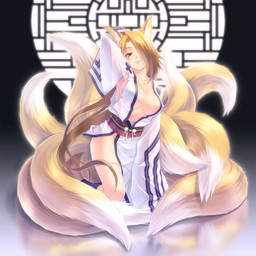 armwear asian_clothing big_breasts blonde_hair breasts cleavage clothed clothing collarbone detached_sleeves east_asian_clothing female hair hair_over_eye hands_behind_head japanese_clothing lips long_hair multi_tail one_eye_obstructed red_eyes smile solo tail kuroneko_sakon animal_humanoid canid canid_humanoid canine canine_humanoid fox fox_humanoid humanoid mammal mammal_humanoid 1:1 hi_res source_request unavailable_at_source