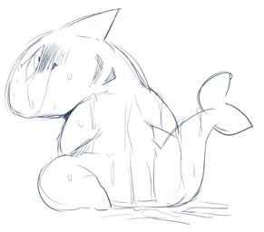 ambiguous_fluids ambiguous_gender anthro blush bodily_fluids looking_back rear_view simple_background solo sweat tears wet white_background doneru aquatic fish shark 2015 blue_and_white monochrome sketch