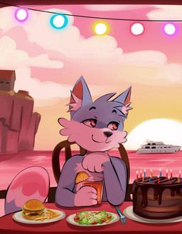 anthro blue_body blue_fur boat burger cafe cake candle dessert detailed_background ears_up fluffy food fries fur furniture hill inside light mountain pink_body pink_fur planks restaurant salad sea sky table tip vehicle wall_(structure) water watercraft white_body white_fur yacht alexumka zhadinax umkashka canid canine canis domestic_cat domestic_dog felid feline felis fox mammal wolf hi_res wallpaper