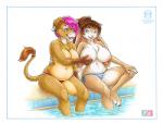 anthro big_breasts bikini bikini_bottom blue_eyes border breast_grab breasts brown_eyes brown_hair buckteeth cheek_tuft chest_tuft claws clothed clothing curvy_figure duo ear_piercing ear_tag ears_down facial_tuft female female/female gloves_(marking) hair hand_behind_back hand_on_breast markings navel nipples open_mouth open_smile partially_submerged piercing pivoted_ears purple_hair simple_background slightly_chubby smile swimming_pool swimwear tail tail_tuft teeth toe_claws topless tuft two-piece_swimsuit voluptuous white_border kacey alyssia_byrne bovid bovine cattle jersey_cattle lagomorph leporid mammal rabbit 2019 acrylic_painting_(artwork) gouache_(artwork) marker_(artwork) mixed_media painting_(artwork) pen_(artwork) traditional_media_(artwork)