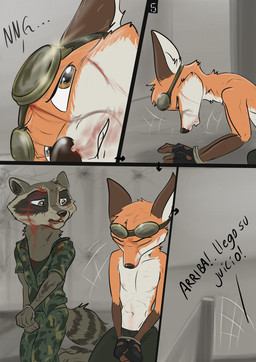 anthro arms_tied bound brown_eyes camouflaged clothing dialogue duo ears_back eyewear eyewear_on_head goggles goggles_on_head male pivoted_ears prisoner text uniform waking_up wounded wolfyalex96 canid canine fox mammal procyonid raccoon comic hi_res spanish_text translated