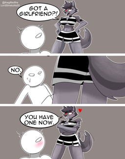 3_panel_comic abs anthro arm_tattoo black_bottomwear black_clothing black_crop_top black_shirt black_skirt black_stripes black_topwear blind_eye bottomwear clothing crop_top crossed_arms crossgender dialogue duo empty_eyes eye_scar facial_scar female fur grey_background grey_body grey_fur grey_hair hair heart_symbol low-angle_view male mouthless mtf_crossgender multicolored_bottomwear multicolored_clothing multicolored_crop_top multicolored_shirt multicolored_skirt multicolored_topwear muscular muscular_anthro muscular_female navel outline pattern_clothing red_sclera scar shirt simple_background sitting skirt standing striped_clothing striped_crop_top stripes tail tail_motion tailwag tattoo text topwear two_tone_bottomwear two_tone_clothing two_tone_crop_top two_tone_shirt two_tone_skirt two_tone_topwear white_body white_bottomwear white_clothing white_crop_top white_eyes white_outline white_skirt white_stripes white_topwear thegiftedfire hellaverse helluva_boss mythology norbit_(film) anon vortex_(helluva_boss) canid canid_demon canine demon hellhound human mammal mythological_canine mythological_creature 2026 absurd_res comic english_text hi_res