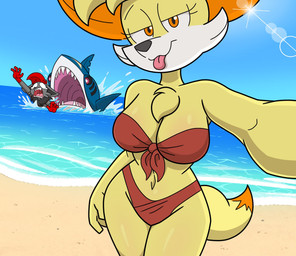 anthro beach bikini bikini_bottom bikini_top blep chest_tuft clothing duo female fur grey_body grey_fur imminent_attack male partially_submerged red_bikini red_clothing red_swimwear selfie sharp_teeth shore swimwear teeth tongue tongue_out tuft two-piece_swimsuit yellow_body yellow_fur cheeky_hiro nintendo pokemon frenny fennekin generation_3_pokemon generation_5_pokemon generation_6_pokemon pokemon_(species) sharpedo zorua hi_res