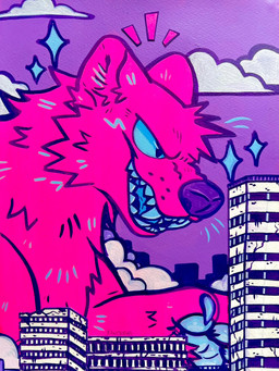 ambiguous_gender anthro blue_teeth city cityscape cloud extreme_size_difference macro neon paws pink_body property_damage purple_sky size_difference sky teeth kiwisodas gulonine kaiju mammal marten mustelid musteline 2026 hi_res painting_(artwork)