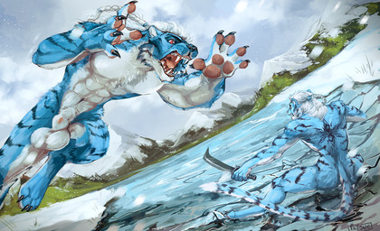 abs animal_genitalia anthro balls blue_body blue_fur braided_hair detailed_background duo fully_sheathed fur genitals hair holding_melee_weapon holding_object holding_sword holding_weapon male male_anthro melee_weapon nude nude_anthro nude_male open_mouth pawpads pecs red_eyes sheath snarling snow standing striped_body striped_fur stripes sword tail teeth tongue weapon whisker_spots white_body white_fur white_hair i-psilone tio_takurua felid mammal pantherine tiger 2021 hi_res