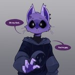 anthro claws clothed clothing dialogue hoodie looking_at_viewer male simple_background solo speech_bubble text topwear unsigned lycheespot mob_entertainment poppy_playtime smiling_critters catnap_(poppy_playtime) domestic_cat felid feline felis mammal 1:1 english_text hi_res