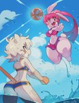 3_toes anthro barefoot bikini clothed clothing duo feet female fur hair partially_submerged paws pink_body pink_fur pink_hair swimwear thick_thighs toes two-piece_swimsuit water kaeritai07 chao_pyon_pyon lagomorph leporid mammal rabbit hi_res