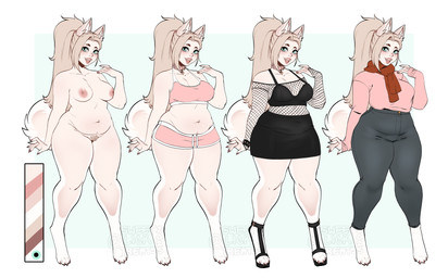 bottomwear breasts claws clothing collar female fishnet_clothing genitals green_eyes hair navel nipples nude pants ponytail pubes scarf shirt shorts simple_background slightly_chubby smile standing tail topwear vulva white_background sweetburn aubrey_(sweetburn) animal_humanoid canid canid_humanoid canine canine_humanoid dog_humanoid humanoid mammal mammal_humanoid 2025 hi_res model_sheet