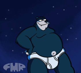 anthro black_nose blue_sky briefs briefs_only bulge clothed clothing grey_text half-closed_eyes light male monotone_briefs monotone_clothing monotone_underwear moonlight narrowed_eyes navel night overweight overweight_male sky smile solo star tighty_whities topless underwear underwear_only white_briefs white_clothing white_underwear foxmanad disney goof_troop dom_(foxmanad) bear black_bear mammal ursine signature
