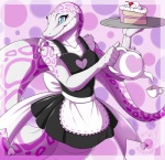 5_fingers anthro apode blue_eyes breasts cake cleavage cleavage_cutout clothed clothing cup_of_tea cutout dessert female fingers food heart_cutout heart_symbol legless maid_uniform non-mammal_breasts serpentine solo uniform blitzy-arts draconcopode naga python reptile scalie snake