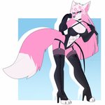 abs anthro athletic athletic_anthro athletic_female bdsm blue_eyes boots clothed clothing copyright_symbol dominatrix feet female footwear fur high_heeled_boots high_heels latex legwear pink_body pink_fur pose shoes solo suit symbol thigh_boots thigh_highs whip konomofu canid canine canis mammal wolf 1:1 hi_res