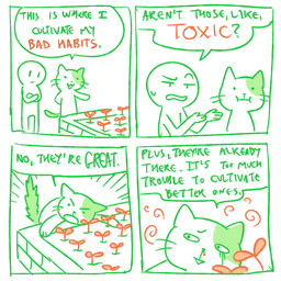 4_panel_comic ambiguous_gender anthro biped blood bodily_fluids crossed_arms dialogue dot_eyes dot_pupils duo eyebrows fingers green_text herbs mouth_closed nosebleed open_mouth paws question question_mark red_text simple_background simple_eyes speech_bubble standing sweat sweatdrop tail talking_to_another text whiskers flavia-elric domestic_cat felid feline felis mammal 1:1 2018 comic digital_media_(artwork) english_text hi_res