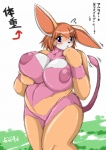 anthro big_breasts blush breasts clothed clothing female lingerie nipples skimpy solo tail text ymbk monster_rancher tecmo buster_(monster_rancher) hare_(monster_rancher) lagomorph leporid mammal rabbit 2011 japanese_text translated