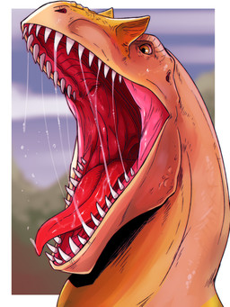 ambiguous_gender blurred_background bodily_fluids feral glistening glistening_eyes glistening_tongue mouth_shot open_mouth orange_eyes red_tongue saliva saliva_on_tongue saliva_string sharp_teeth solo tan_body teeth tongue unsigned swampjaws allosauroid dinosaur prehistoric_species reptile saurischian scalie theropod 3:4 absurd_res hi_res