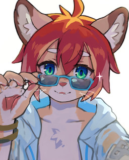 5_fingers anthro chest_tuft claws clothed clothed_anthro clothed_male clothing collarbone eyewear finger_claws fingerpads fingers front_view fur glasses hair holding_eyewear holding_glasses holding_object inner_ear_fluff looking_over_glasses male male_anthro open_clothing open_topwear pawpads red_hair simple_background solo sparkles topwear tuft wearing_glasses whiskers white_background wristband young young_anthro young_male skollchan cygames world_flipper teo_(world_flipper) felid lion mammal pantherine 2023 chinese_description digital_media_(artwork) hi_res japanese_description