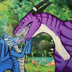 ambiguous_gender anthro anthro_on_feral bestiality black_horn blue_body blue_eyes blue_tongue blue_wings bodily_fluids drooling duo extreme_french_kiss eyes_closed feral french_kissing fur grass grey_body horn horn_jewelry horn_ring jewelry kissing male male/ambiguous membrane_(anatomy) membranous_wings narrowed_eyes nude open_mouth outside plant pond purple_body purple_fur purple_tongue ring_(jewelry) saliva saliva_string sharp_teeth shrub side_view striped_neck teeth tongue white_body white_fur white_horn wings acidic mythology dragon mythological_creature mythological_scalie scalie