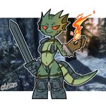 anthro armor breasts clothed clothed_anthro clothed_female clothing female female_anthro fingers fire front_view furgonomics gloves green_body green_skin green_spots green_tail handwear holding_melee_weapon holding_object holding_sword holding_weapon leg_armor markings melee_weapon narrowed_eyes navel red_sclera shoulder_armor skimpy solo spots spotted_body spotted_skin sword tail tail_armor unconvincing_armor weapon lnb microsoft the_elder_scrolls argonian scalie 1:1 2024 digital_drawing_(artwork) digital_media_(artwork) portrait three-quarter_portrait