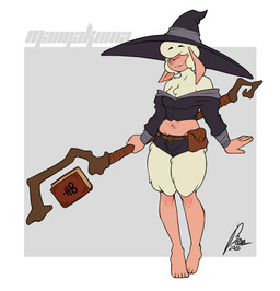 anthro barefoot belt book bottomwear breasts bulge clothing feet floppy_ears fur gynomorph hair hair_over_eyes hat headgear headwear hotpants humanoid_feet intersex leviathan_cross midriff plantigrade pouch_(clothing) shorts solo staff white_body white_fur white_hair witch_hat manyakuma joy_(manyakuma) bovid caprine mammal sheep 2026 absurd_res hi_res trans_(lore) trans_woman_(lore)