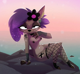 alternative_fashion anthro arm_tattoo beach biped breasts brown_body choker clothing ear_piercing eyebrow_piercing facial_piercing female fingerless_gloves fishnet_clothing fishnet_legwear fishnet_thigh_highs flower_on_head gloves goth hair half-closed_eyes handwear jewelry leg_tattoo legwear looking_at_viewer medium_breasts narrowed_eyes navel navel_piercing necklace nipples outdoor_nudity piercing purple_hair shoulder_tattoo solo sunrise tattoo thigh_highs thigh_tattoo wet wide_hips pusszone samara_(pusszone) deer mammal 2026 hi_res