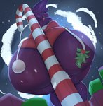 anthro big_butt butt candy candy_cane christmas_clothing clothed clothing dessert female food fur green_eyes holidays huge_butt looking_at_viewer looking_back looking_back_at_viewer looking_down looking_down_at_viewer low-angle_view mistletoe plant presenting purple_body purple_fur rear_view solo blazethefox christmas lacy_(blazethefox) bat mammal 2024 digital_media_(artwork) hi_res