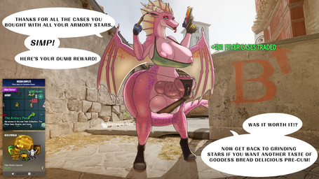 animal_genitalia animal_penis anthro balls big_breasts big_penis breasts clothing dialogue dog_tags dominant dominant_intersex equine_genitalia equine_penis gameplay_mechanics genitals gesture gloves gun gynomorph hand_gesture handgun handwear huge_breasts huge_penis ineffective_clothing intersex middle_finger nipple_slip nipples nude penis piercing pistol ranged_weapon smile solo speech_bubble text tongue tongue_out weapon wings dododragon56 counter-strike glock mythology goddess_bread dragon mythological_creature mythological_scalie reptile scalie 16:9 4k absurd_res cel_shading english_text hi_res shaded widescreen
