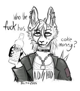 5_fingers alternative_fashion anthro beverage black_collar black_nose bottle chain_necklace cheek_piercing cheek_tuft claws clothing collar container ear_piercing ear_ring ears_through_hair eye_through_hair eyebrow_piercing eyebrow_through_hair eyebrows facial_piercing facial_tuft fangs finger_claws fingerless_gloves fingers fishnet_clothing fishnet_topwear gauged_ear gloves grey_clothing grey_jacket grey_topwear hair handwear holding_beverage holding_bottle holding_container holding_object inner_ear_fluff jacket jewelry leather leather_clothing leather_collar leather_jacket leather_topwear lock male necklace notched_ear open_mouth padlock patch_(fabric) patched_clothing piercing punk ring_piercing simple_background solo spiked_jacket teeth text toothpick topwear translucent translucent_hair tuft white_background babbage bawls canid canine fox mammal true_fox 2026 bust_portrait dated english_text portrait restricted_palette signature sketch