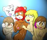 anthro big_breasts blonde_hair blue_eyes breast_size_difference breasts brown_eyes brown_hair eyes_closed female female/female flat_chested green_eyes group hair hand_on_breast looking_at_viewer nipples nude open_mouth open_smile red_eyes red_hair smile jurassiczalar bear human mammal polar_bear ursine 2011