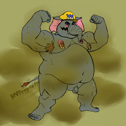 anthro armpit_hair belly big_belly bodily_fluids body_hair fart fart_cloud fart_fetish feet genitals looking_pleasured male nipple_piercing nipple_ring nipples obese overweight penis piercing ring_piercing small_penis solo sweat sweatdrop avoid_posting scentedbunns mario_bros nintendo elephant_wario wario elephant elephantid mammal proboscidean hi_res