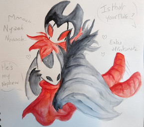 aged_up ambiguous_gender anthro arthropod_abdomen biped black_body black_cloak black_clothing black_eyes black_fur cloak clothing dialogue duo empty_eyes female fur heart_symbol hug hugging_another meow mouthless offscreen_character red_body red_cloak red_clothing red_eyes red_fur simple_background size_difference speech_bubble tail tail_motion tailwag talking_to_another text white_background white_body fernshawart hollow_knight_(franchise) team_cherry grimmchild_(hollow_knight) hornet_(hollow_knight) arthropod 2025 absurd_res english_description english_text hi_res painting_(artwork) traditional_media_(artwork) watercolor_(artwork)