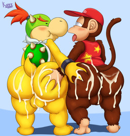 anthro backsack balls baseball_cap big_butt blush bodily_fluids butt butt_grab clothing cum duo genital_fluids genitals hand_on_butt hat headgear headwear huge_butt male open_mouth orgasm_face shota text text_on_baseball_cap text_on_clothing text_on_hat text_on_headwear thick_thighs tongue tongue_out young young_anthro kiffy_(artist) donkey_kong_(series) mario_bros nintendo bowser_jr. diddy_kong haplorhine koopa mammal monkey primate scalie absurd_res artist_name digital_media_(artwork) hi_res