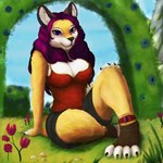 anthro arm_tuft black_bottomwear black_clothing bottomwear clothing female front_view fur hair long_hair paws purple_eyes purple_hair red_clothing red_topwear shoulder_tuft sitting solo topwear tuft white_body white_fur yellow_body yellow_fur andy_234 canid canine fox mammal 1:1 hi_res