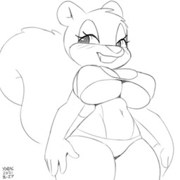anthro big_breasts bikini blush bra breasts buckteeth clothing female huge_breasts looking_at_viewer solo standing swimwear tail teeth two-piece_swimsuit underwear xylas nickelodeon spongebob_squarepants sandy_cheeks eastern_grey_squirrel grey_squirrel mammal rodent sciurid tree_squirrel 1:1 2021 monochrome sketch