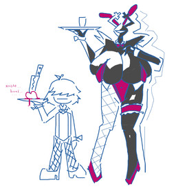 2_horns ambiguous_gender ambiguous_human anthro antlers big_breasts black_body breasts bunny_costume clothed clothing costume duo fake_ears fake_rabbit_ears female holding_object holding_plate horn plate simple_background white_background unknown_artist deltarune undertale_(series) kris_dreemurr roaring_knight human mammal shadow_creature soul_(undertale) 2025 digital_media_(artwork) source_request