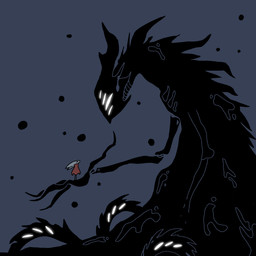 2_horns 4_eyes ambiguous_gender biped black_body black_eyes cloak clothed clothing duo horn looking_at_another multi_eye standing white_eyes osakana2gou hollow_knight_(franchise) team_cherry hornet_(hollow_knight) shade_lord_(hollow_knight) arthropod shadow_creature 1:1