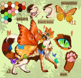 ambiguous_gender brown_body brown_fur dipstick_tail feral fur ginger_fur gold_(metal) gold_tooth green_background green_eyes insect_wings lepidopteran_wings markings multicolored_body multicolored_fur orange_body orange_fur pawpads pink_pawpads quadruped simple_background solo sparklefur tail tail_markings text whiskers white_body white_fur white_tail_tip wings icetailwarrior ambient_arthropod ambient_butterfly ambient_insect calico_cat domestic_cat felid feline felis mammal 2023 english_text hi_res model_sheet