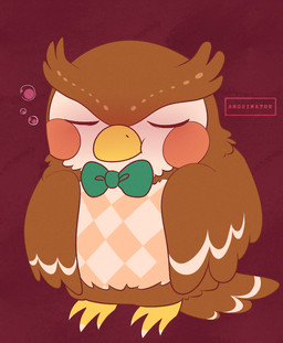 bow_tie bow_tie_only brown_body chibi green_bow_tie male mostly_nude red_background simple_background sleeping solo angrimator animal_crossing nintendo blathers_(animal_crossing) avian bird owl 2018 full-length_portrait portrait signature