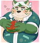 anthro blush burger clothed clothing food green_body heart_symbol humanoid_hands kemono male overweight overweight_male simple_background solo marumori0619 lifewonders live_a_hero mokdai canid canine canis domestic_dog mammal 2022 hi_res