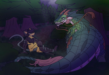 anthro detailed_background duo feral forest_background horn male male/male nude size_difference smile smiling_at_another teeth russetptato mythology dany_(danyphoros) russet_(russetptato) dragon eastern_dragon mythological_creature mythological_scalie scalie hi_res