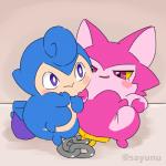 anthro blue_body blue_fur duo featureless_crotch fur half-closed_eyes multicolored_body multicolored_fur narrowed_eyes nude open_mouth pink_body pink_eyes pink_fur purple_eyes two_tone_body two_tone_fur sayunu himitsu_no_cocotama tokumaru_(cocotama) yurano_(cocotama) cocotama 1:1 signature