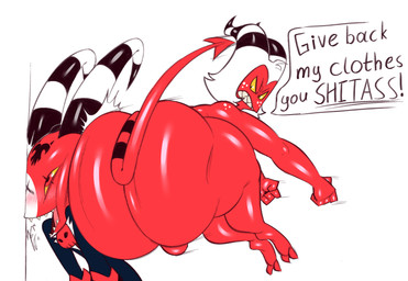 attack balls big_butt blush butt butt_slam clothed clothing duo genitals horn huge_butt hyper hyper_butt looking_back male male/male nude red_body simple_background tail trashdrawy hellaverse helluva_boss blitzo_(helluva_boss) moxxie_(helluva_boss) demon demon_humanoid horned_humanoid humanoid imp tailed_humanoid hi_res