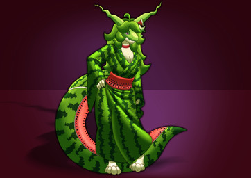 accessory anthro asian_clothing barefoot clothing east_asian_clothing feet female food fruit green_hair hair hair_accessory horn japanese_clothing kimono melon plant red_eyes solo tail watermelon norsuiso melonie_(spirit_shadow) kobold scalie watermelon_kobold absurd_res hi_res