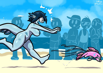 ambiguous_gender anthro areola beach bikini breasts clothing clothing_theft electronics erection erection_under_clothing eyewear female fin group male nipples nude open_mouth outside phone public public_nudity running sand scales sharp_teeth shirt side_view stealing sunglasses swimwear tail tank_top teeth tongue topwear two-piece_swimsuit theenfman animal_humanoid aquatic aquatic_humanoid fish fish_humanoid human humanoid mammal hi_res