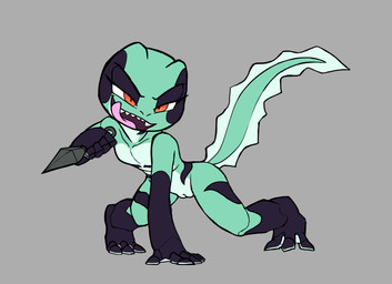 aged_down andromorph andromorph_anthro anthro black_body crouching featureless_chest feet genitals green_body intersex intersex_anthro kunai licking licking_lips membrane_(anatomy) natural_eyeshadow nude nude_andromorph nude_anthro orange_eyes pupils sharp_teeth slit_pupils solo tail teeth toes tongue tongue_out vulva weapon webbed_feet webbed_hands young young_andromorph young_intersex wayesh hinato_(wayesh) amphibian demon frog hi_res