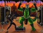 abs anthro armor athletic band belt biceps black_hair bodypaint bone bottomwear bracers bulge claws clothing concert detailed_background devil_horns_(gesture) duo_focus ear_piercing face_paint flexing fur gesture gloves green_body green_skin group hair hand_gesture handwear horn inverted_pentacle jewelry loincloth male metal muscular navel necklace occult_symbol open_mouth pants pecs pentacle pentagram piercing rock_out rocking_out shirt skeleton skull sky speaker spiked_gloves spikes standing symbol tail topwear vein vest spelunker_sal heavy_metal mythology spelunker_sal_(character) varanis_blackclaw dragon lagomorph leporid mammal mythological_creature mythological_scalie rabbit reptile scalie 2014 digital_media_(artwork)