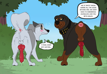 animal_genitalia animal_penis anus balls big_anus big_knot big_penis blush blush_lines bodily_fluids butt canine_genitalia canine_penis collar curled_tail dialogue dripping duo feral genital_fluids genitals knot knotted_penis leaking_precum male male/male male_feral motion_lines nub_tail outside park pawpads penis precum precum_drip presenting presenting_anus presenting_hindquarters presenting_penis profanity sheath small_balls sweat sweatdrop tail tail_anus text badfurgood ghost_(badfurgood) vito_(badfurgood) alaskan_husky canid canine canis domestic_dog husky mammal mastiff molosser nordic_sled_dog rottweiler spitz english_text hi_res